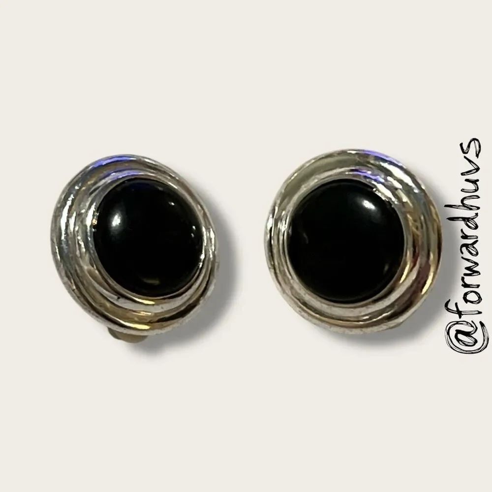 Vintage Silver Tone Clip-On Earrings – Black Accents